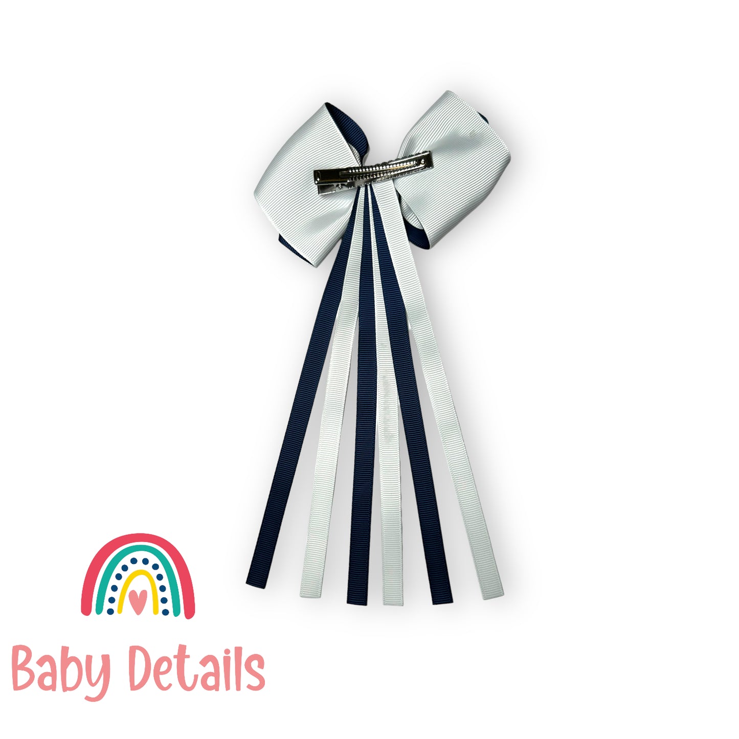 Curved bow with long ribbons hair clip - Navy Blue & White