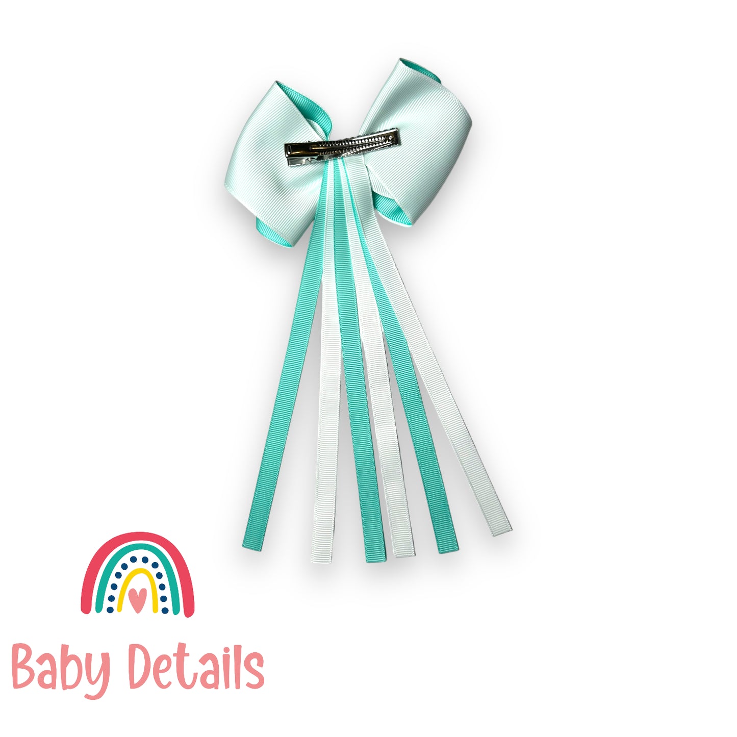 Curved bow with long ribbons hair clip - Aqua Green & White