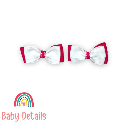 Set of 2 bow with stripe lines hair clips - White & Fuchsia