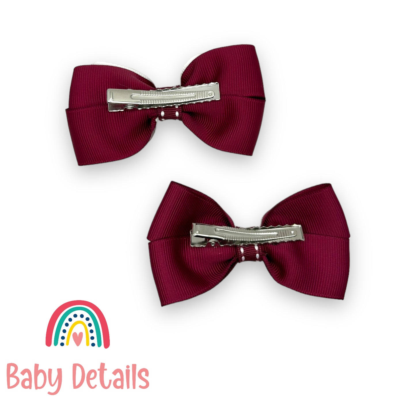 Set of 2 bow with stripe lines hair clips - White & Maroon