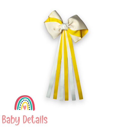 Curved bow with long ribbons hair clip - Yellow & White