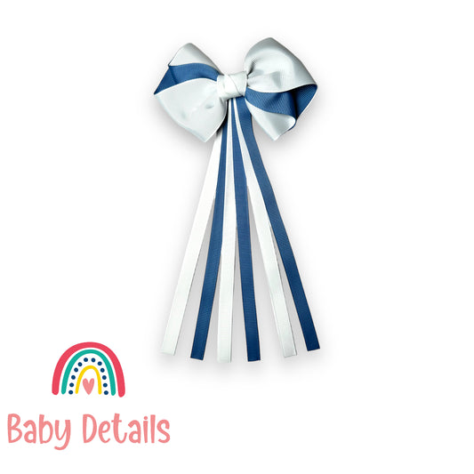 Curved bow with long ribbons hair clip - Blue grey & White