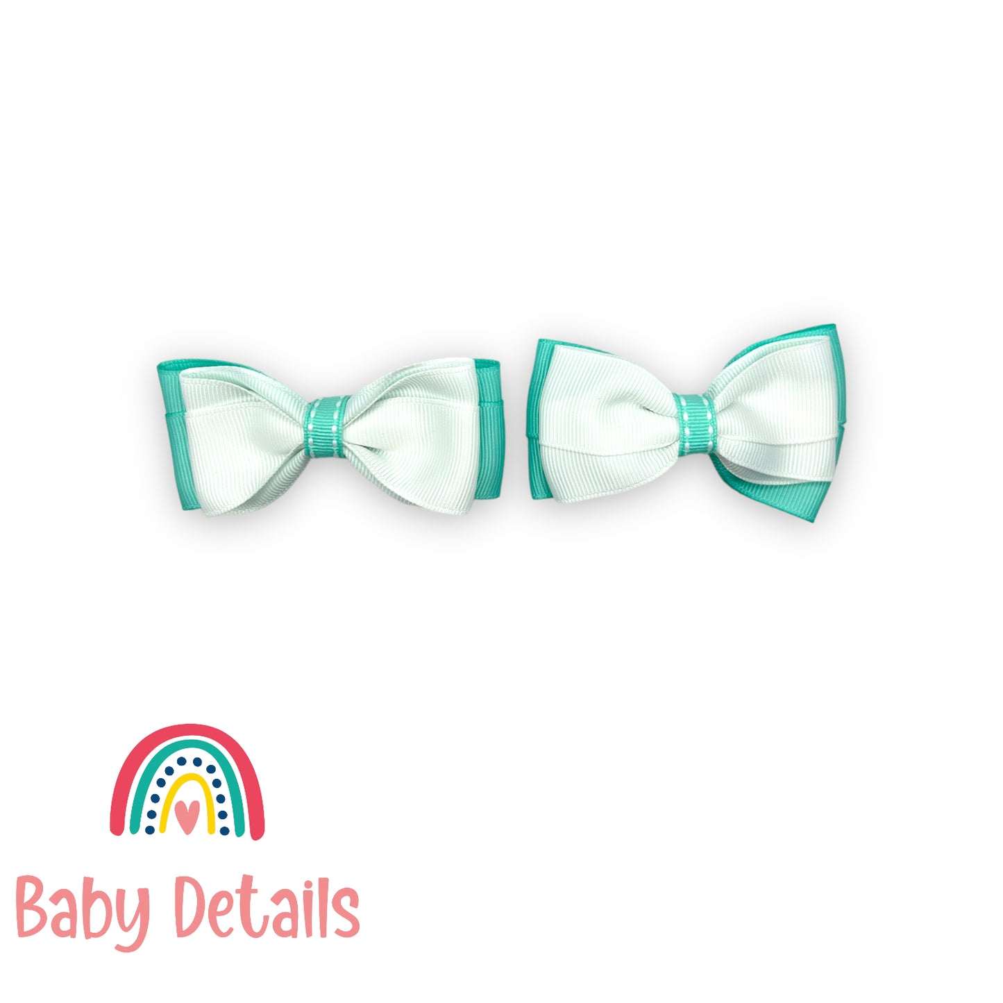 Set of 2 bow with stripe lines hair clips - White & Aqua Green