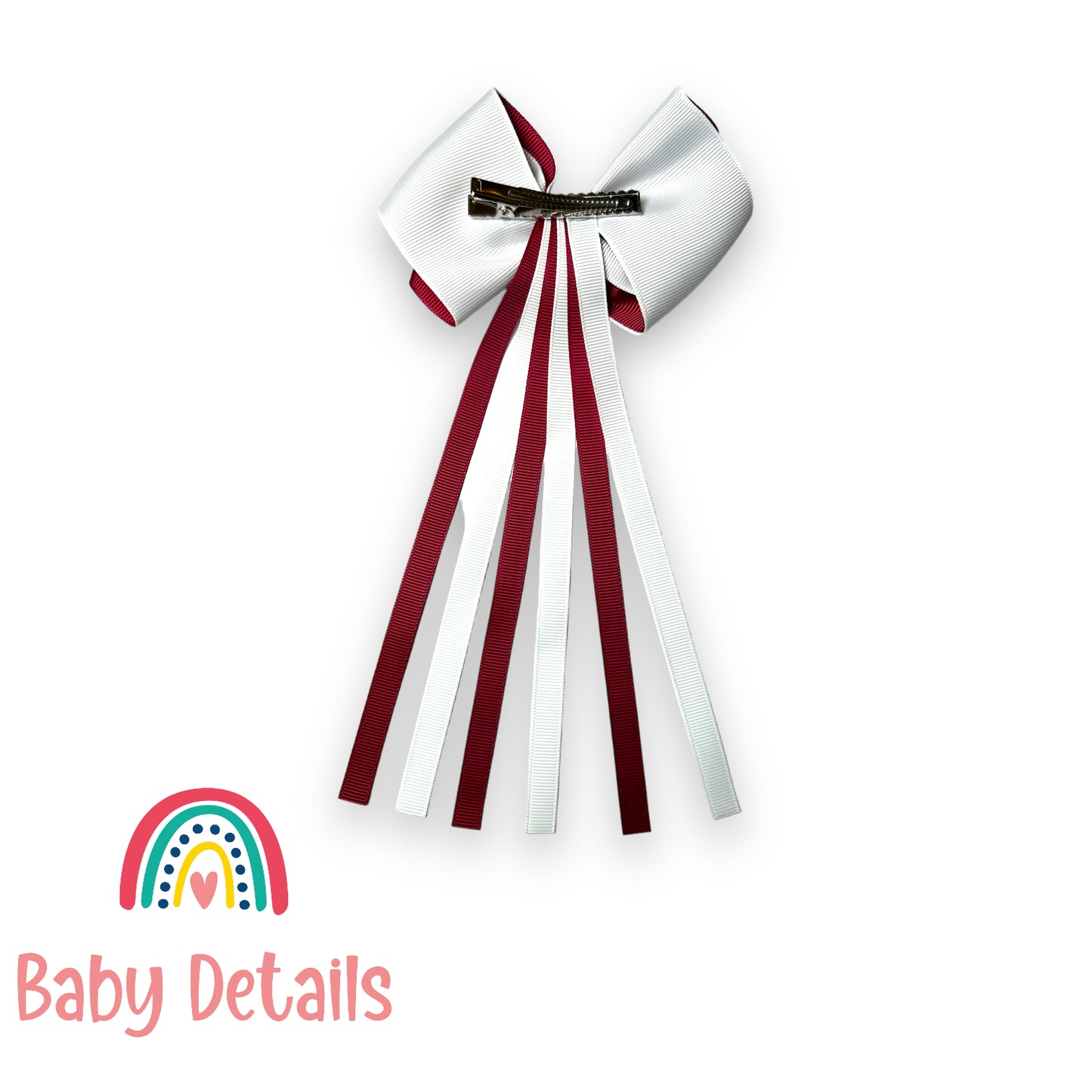 Curved bow with long ribbons hair clip - Maroon & White