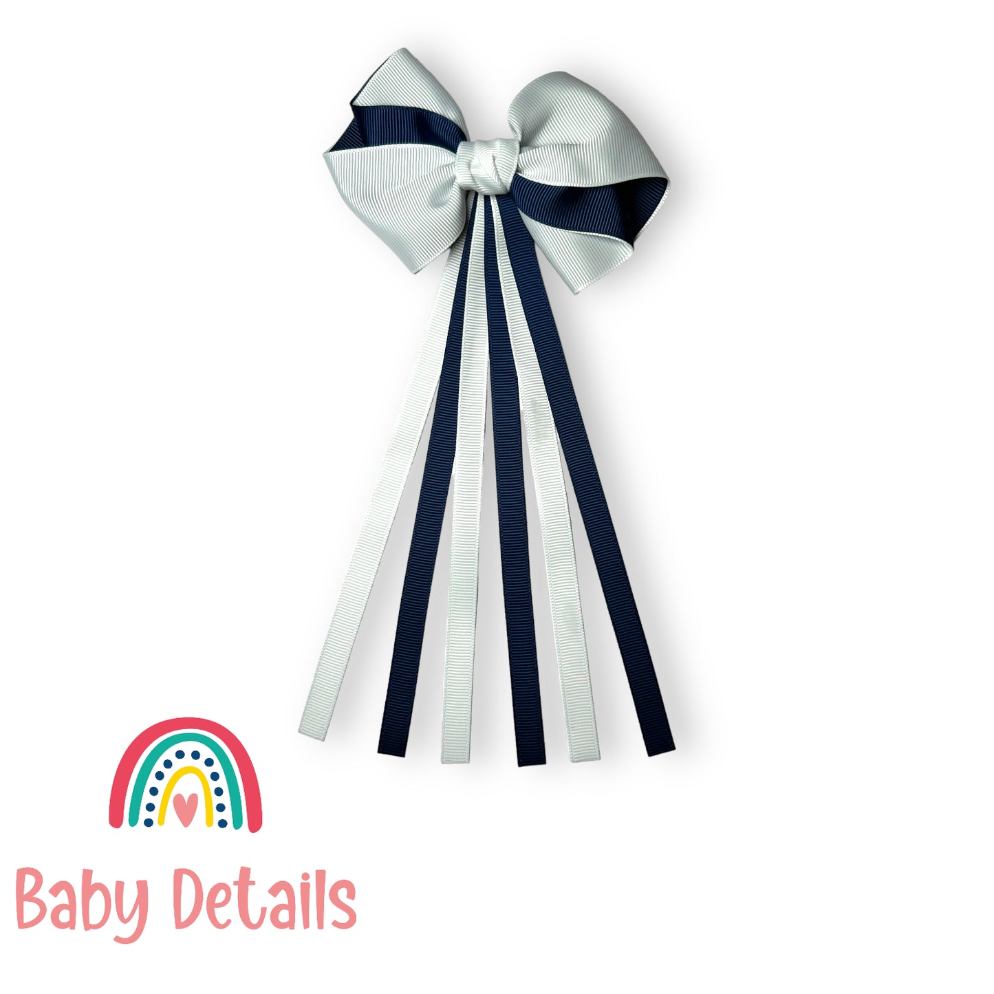 Curved bow with long ribbons hair clip - Navy Blue & White