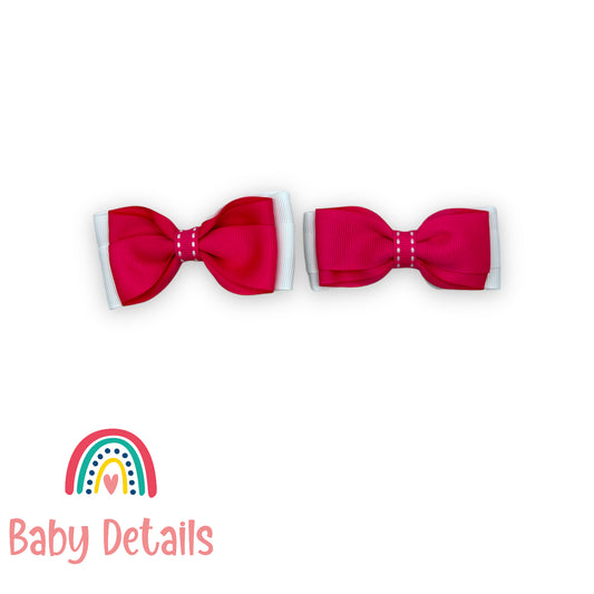 Set of 2 bow with stripe lines hair clips - Fuchsia & White