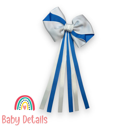 Curved bow with long ribbons hair clip - Sky Blue & White