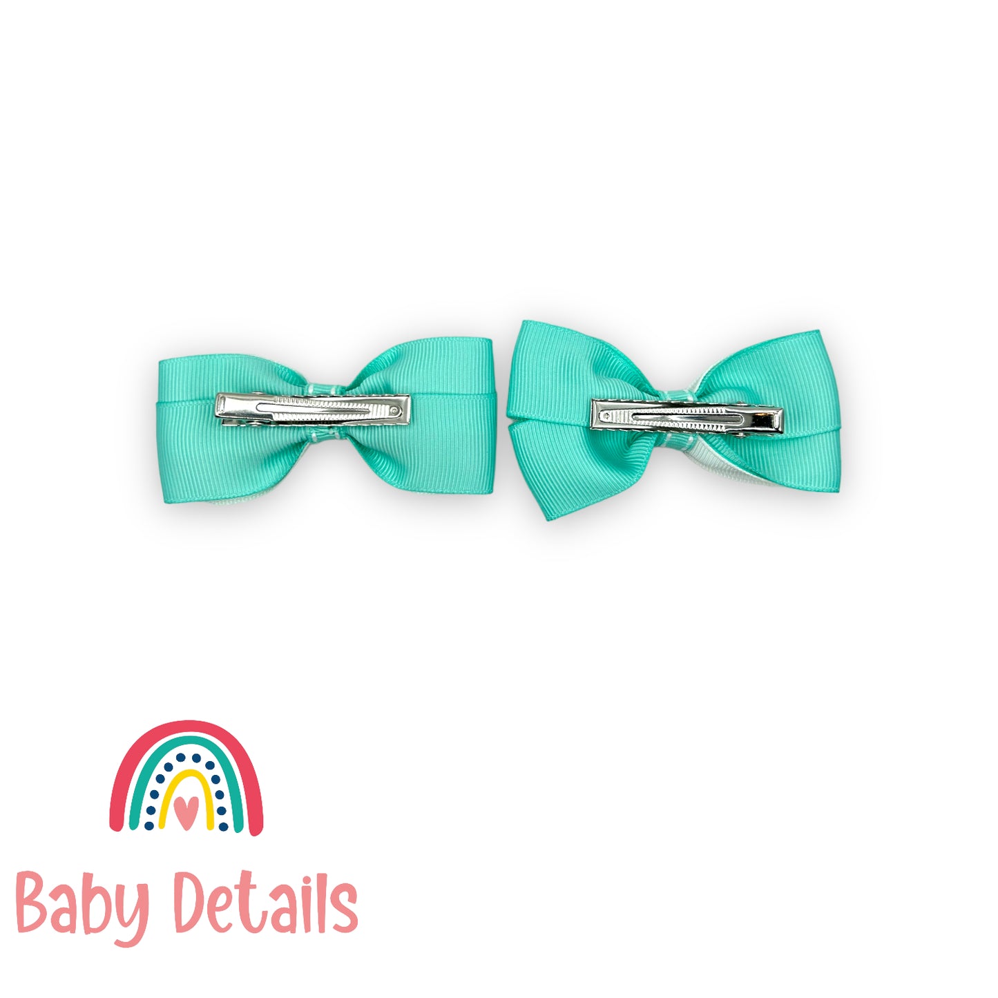 Set of 2 bow with stripe lines hair clips - White & Aqua Green