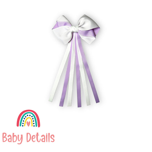 Curved bow with long ribbons hair clip - Purple & White