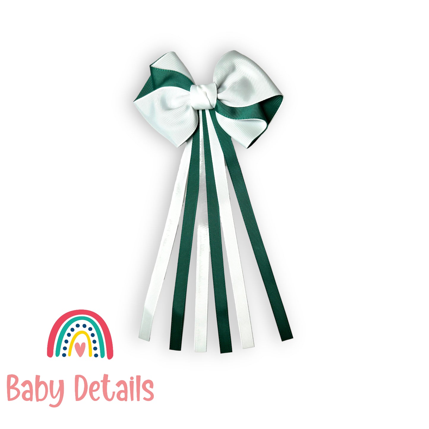 Curved bow with long ribbons hair clip - Dark Green & White