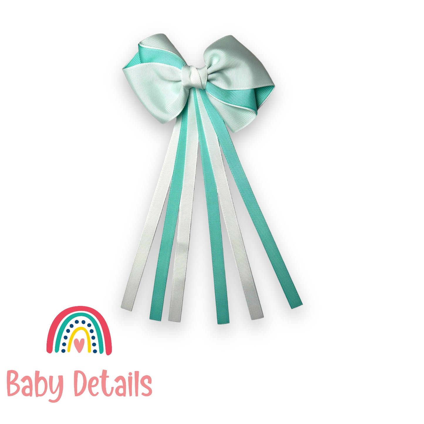 Curved bow with long ribbons hair clip - Aqua Green & White