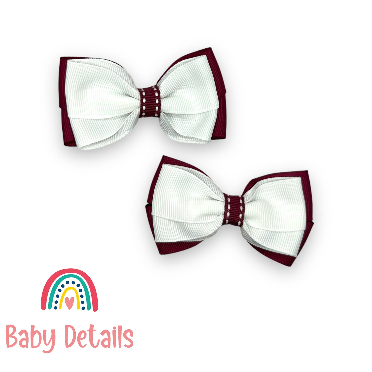 Set of 2 bow with stripe lines hair clips - White & Maroon