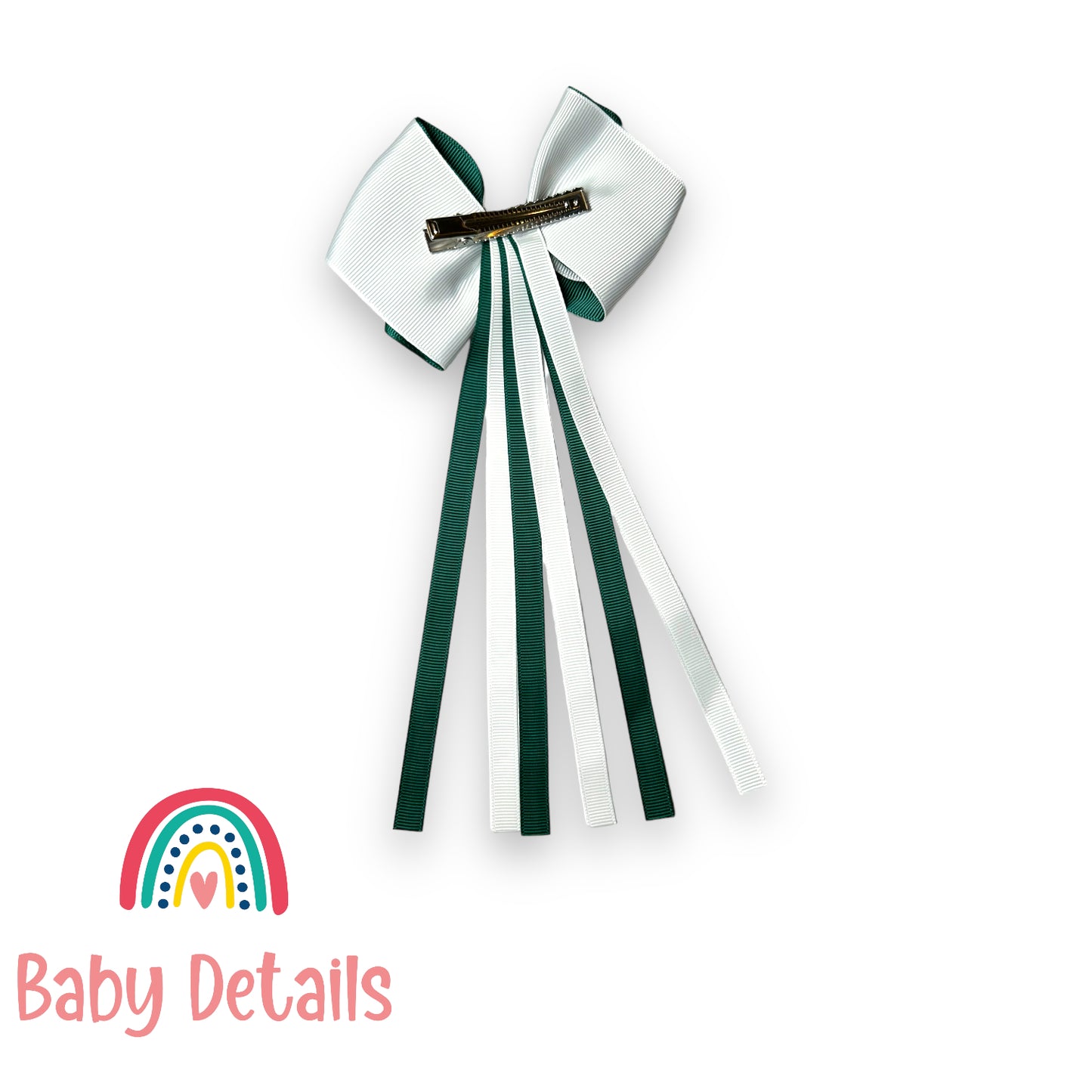 Curved bow with long ribbons hair clip - Dark Green & White